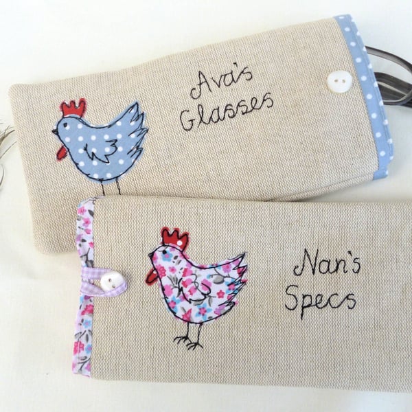 Personalised Chicken Hen Glasses Case - Choice of Floral or Blue Spot Sunglasses