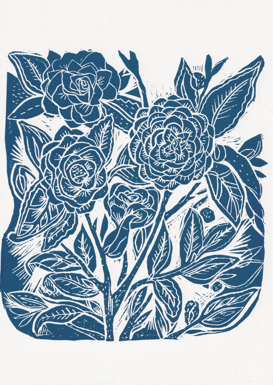 A4 Blue Linocut Flower Print