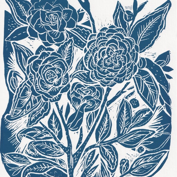 A4 Blue Linocut Flower Print