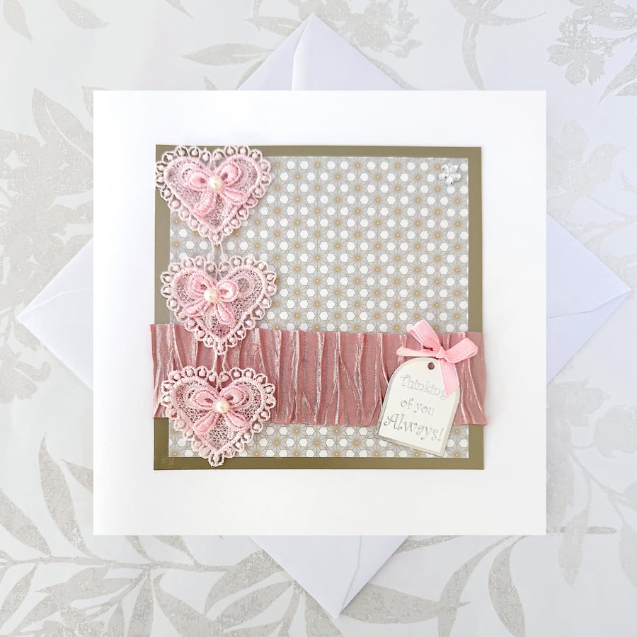 Large Birthday or Wedding anniversary card - paper and fabric pink heart