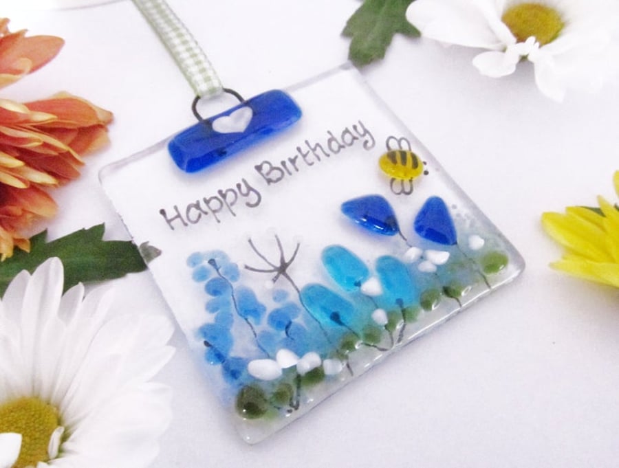 Personalised MINI Country Meadow Fused Glass Suncatcher - Blue