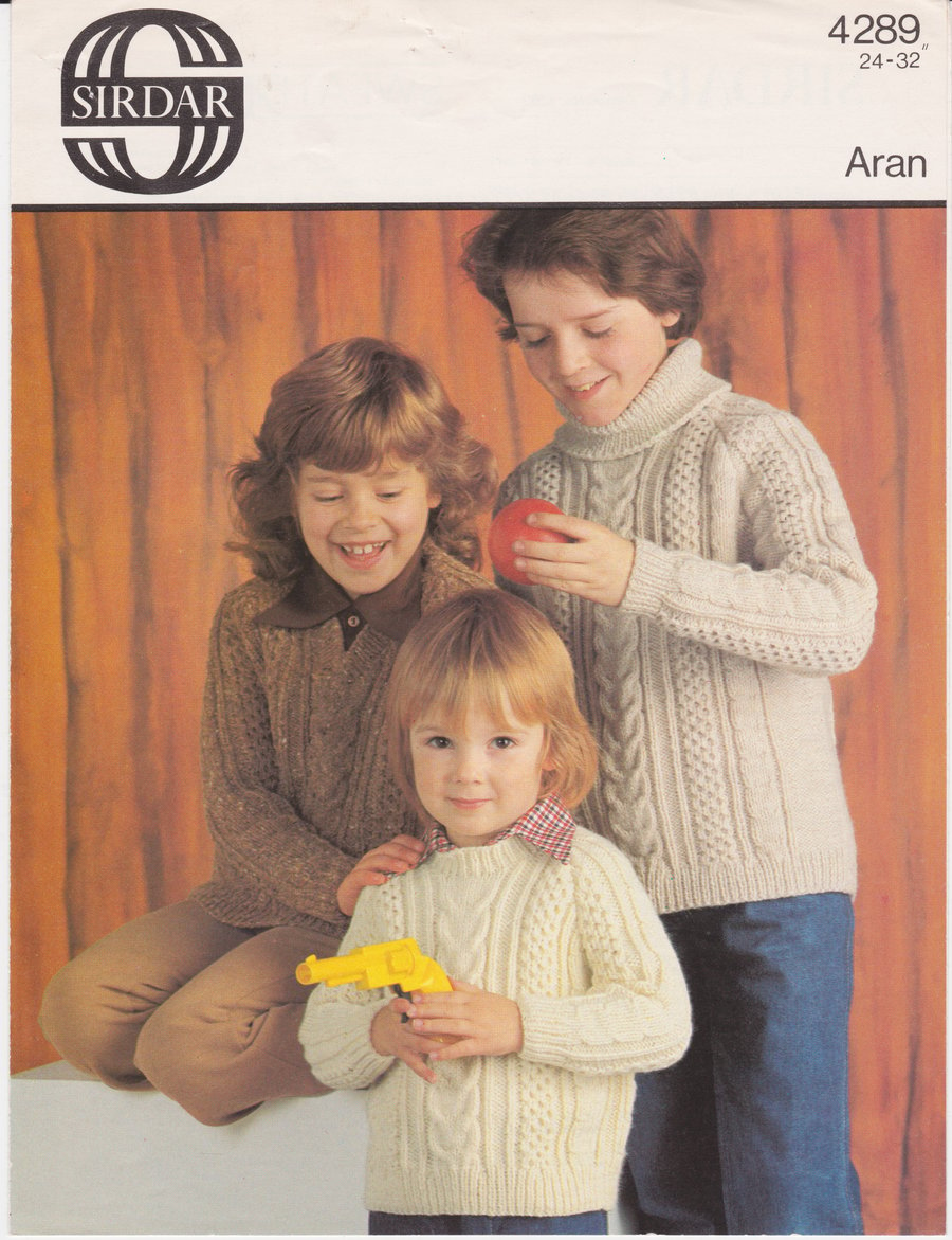 Vintage Knitting Pattern 4289: from Sirdar, 3 Aran Children’s Sweaters