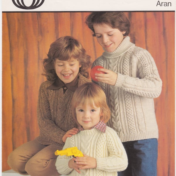 Vintage Knitting Pattern 4289: from Sirdar, 3 Aran Children’s Sweaters