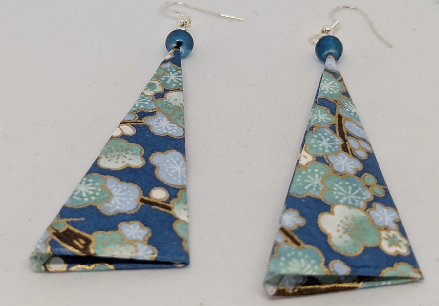 Long triangle Japanese paper earrings; plum blossoms on turquoise