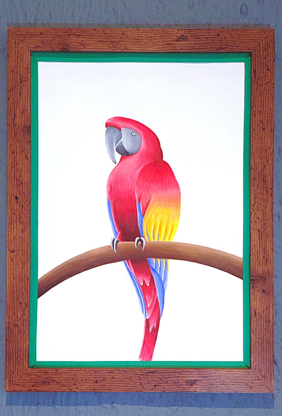 Handmade Unique Framed A3 Print Colourful Macau Parrot Dark Green Border Wallart