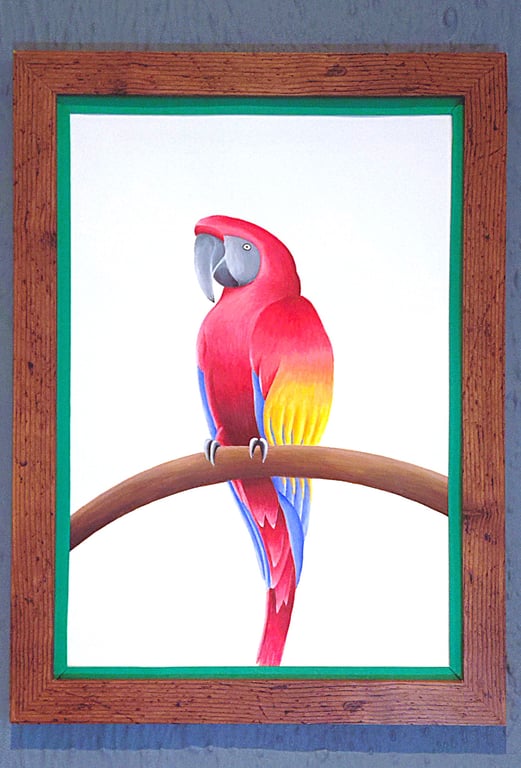 Handmade Unique Framed A3 Print Colourful Macau Parrot Dark Green Border Wallart