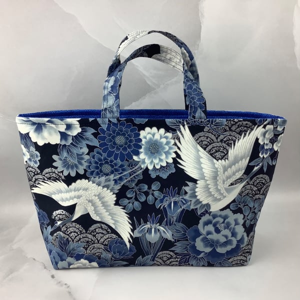 Japanese cranes tote bag, Birds shopper, handmade in Sussex