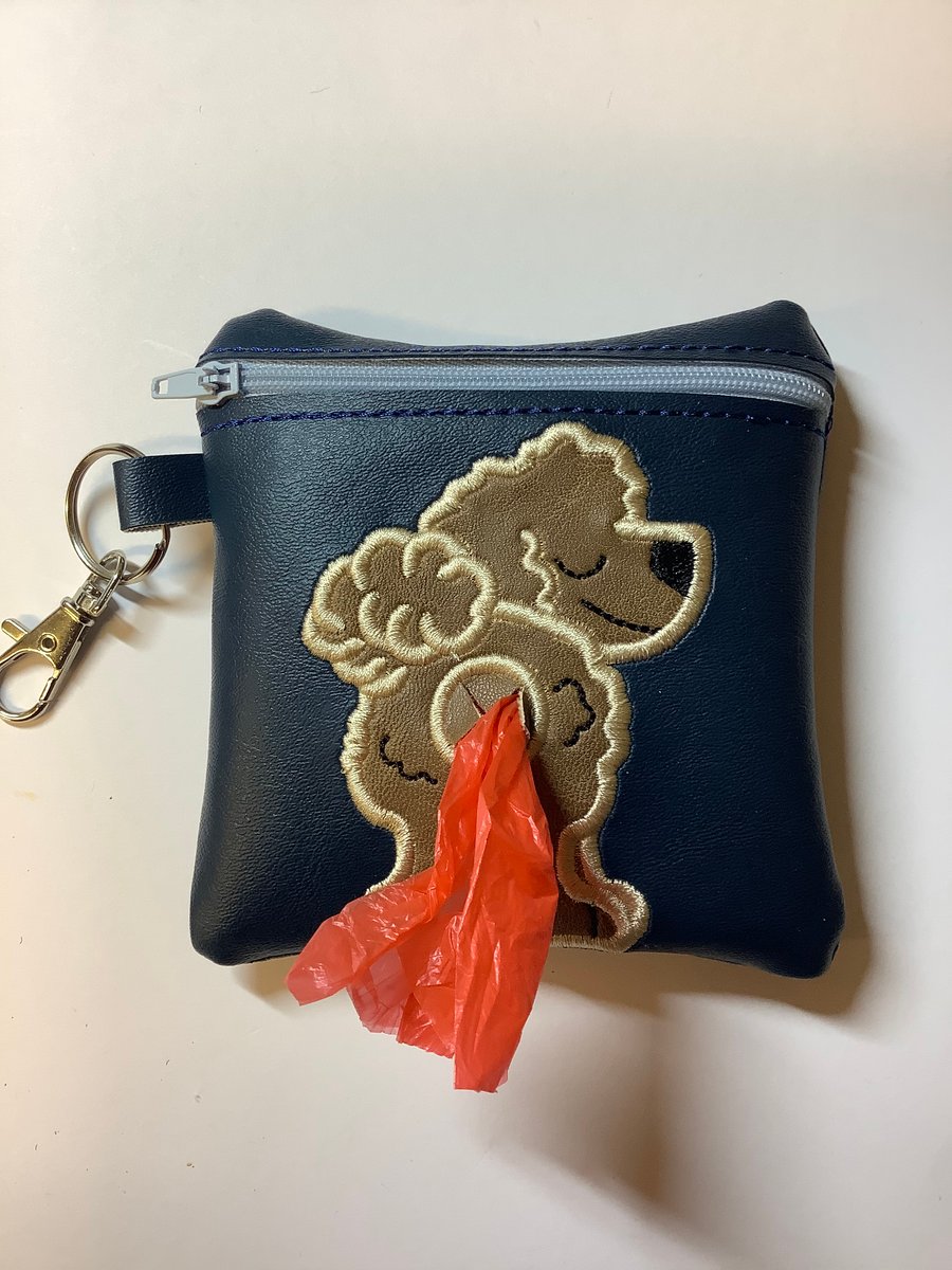 Embroidered Labradoodle Navy blue faux leather dog poo bag ,dog 