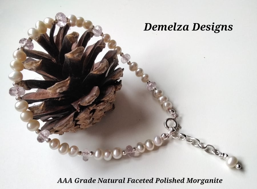 AAA Morganite & Freshwater Culture  Pearl Sterling Silver Bracelet 