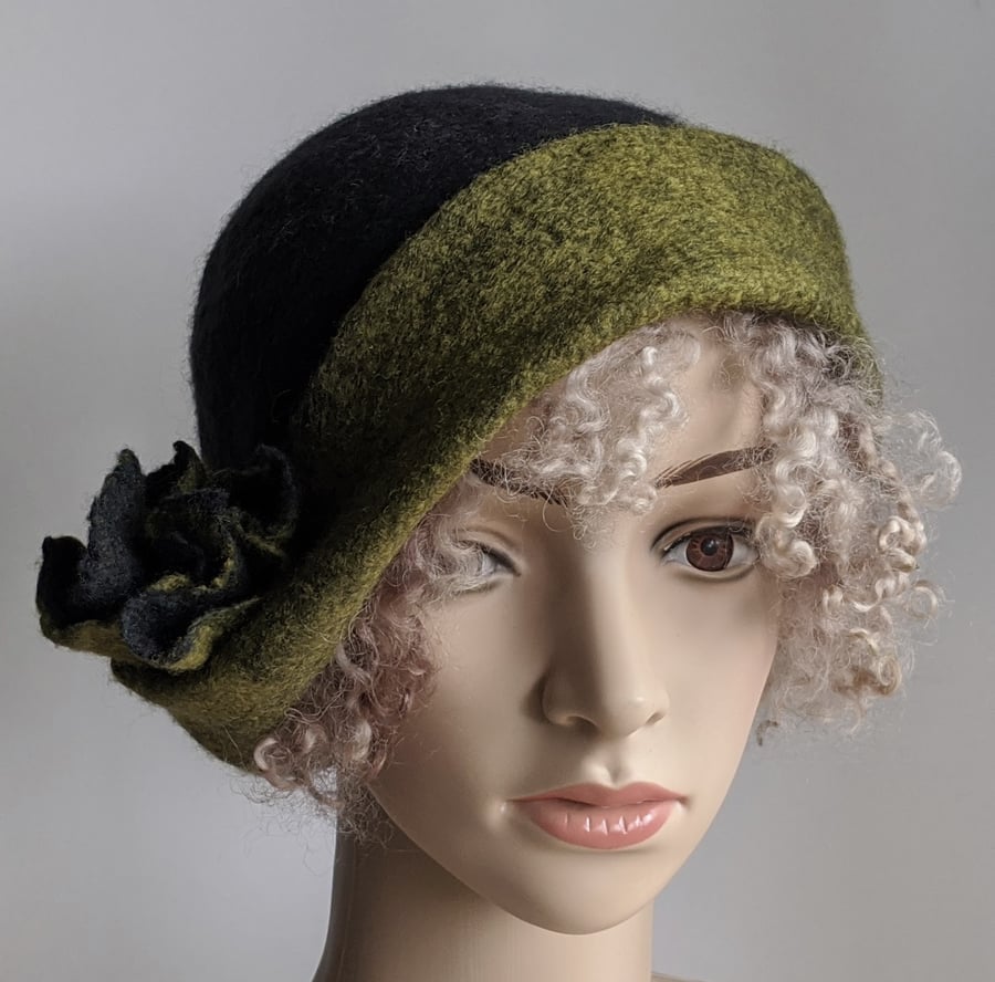 Charcoal felted wool cloche hat with zingy olive green brim 