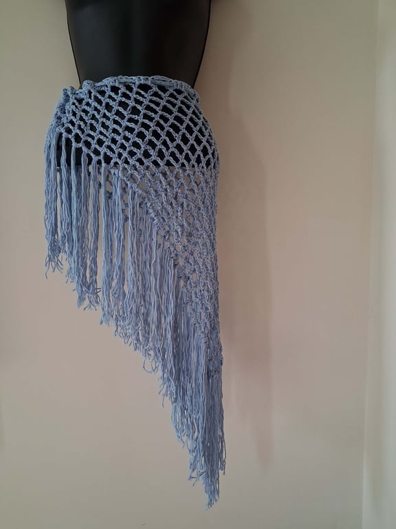 Light blue crochet mesh sarong skirt with fringe