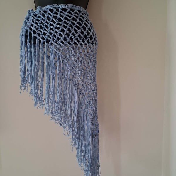 Light blue crochet mesh sarong skirt with fringe