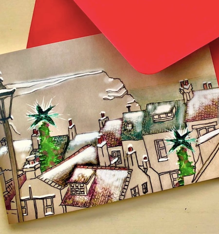 Snowy Rooftops Blank Christmas Card