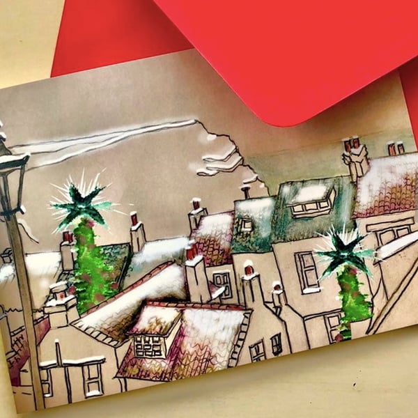 Snowy Rooftops Blank Christmas Card