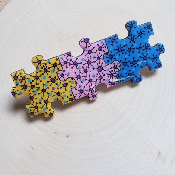 Hand-painted Jigsaw Brooch Resin Coated - Blue, Yellow and Pink