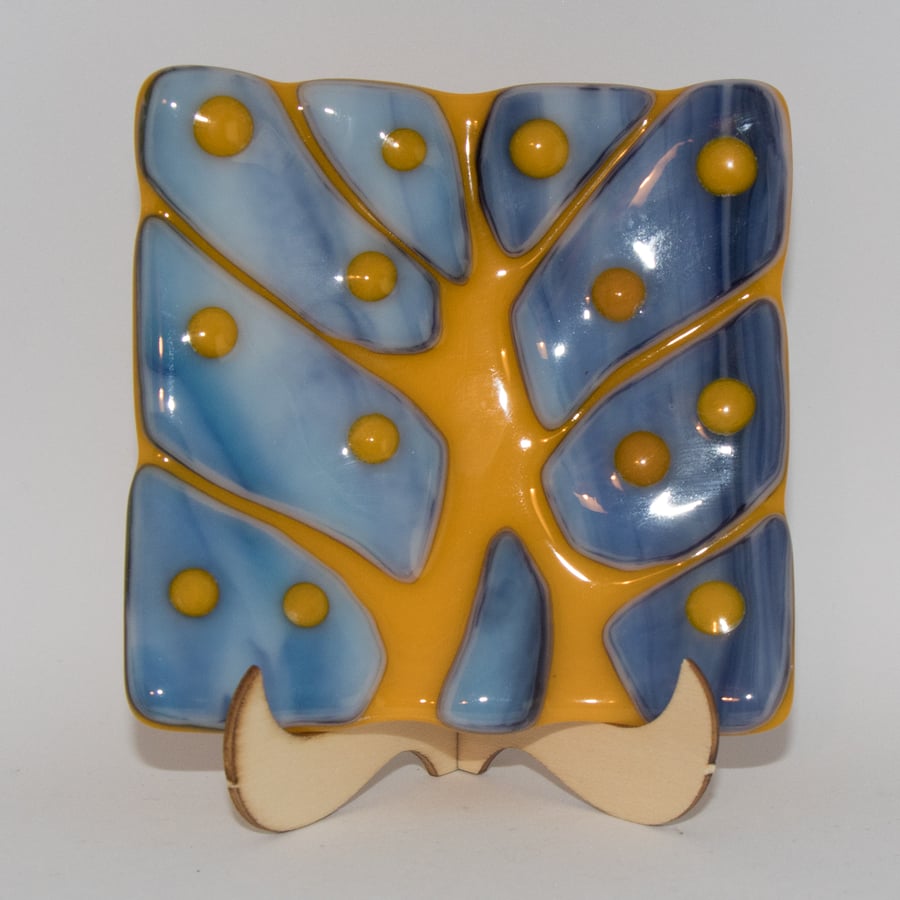 Yellow & Streaky Blue Fused Glass Trinket Dish - 9149