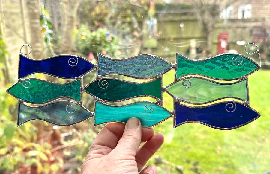 Stained Glass Fish Shoal Suncatcher - Window Decoration - Blue and Teal