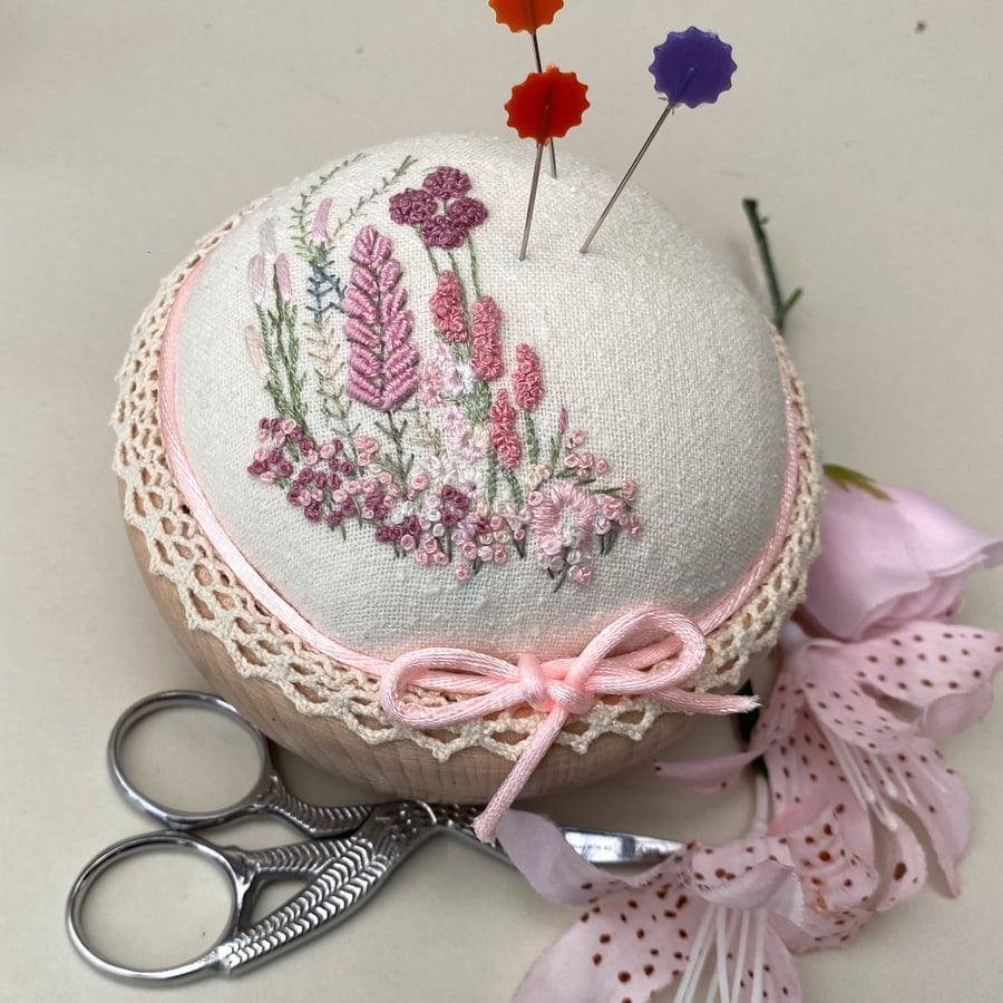 Pincushion, hand embroidered large pin cushion, needle holder