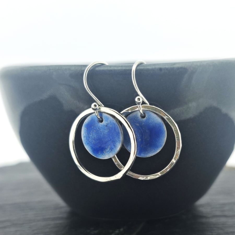 Silver & royal blue circle drop earrings