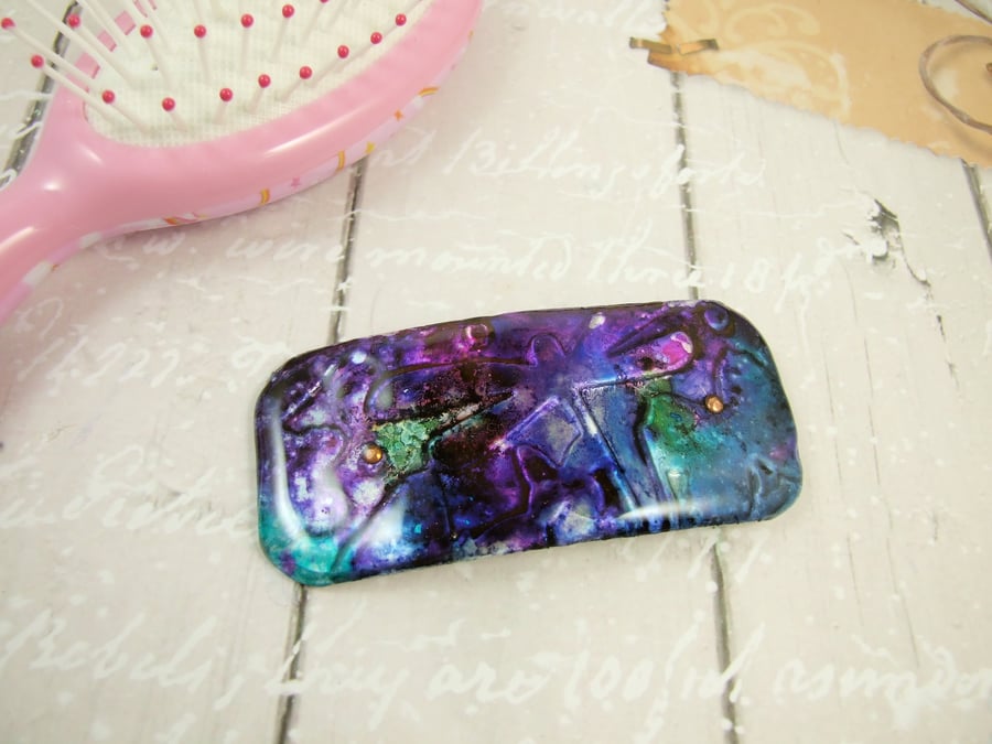 Hair Clip, Large Barrette, Hand Painted Embossed Dragonflies, Resin Coated