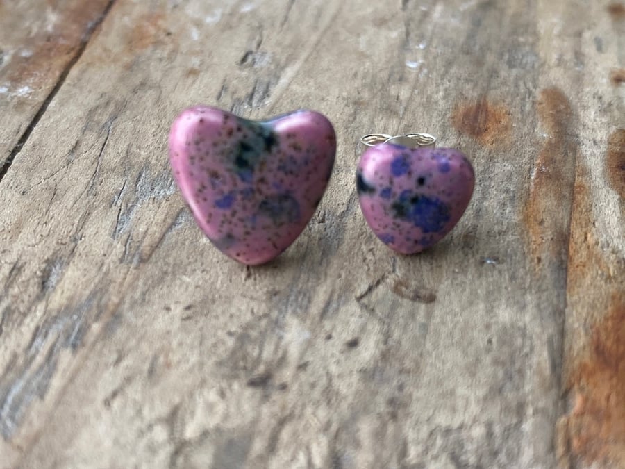 Handmade Ceramic Heart Sterling Silver Stud Earrings
