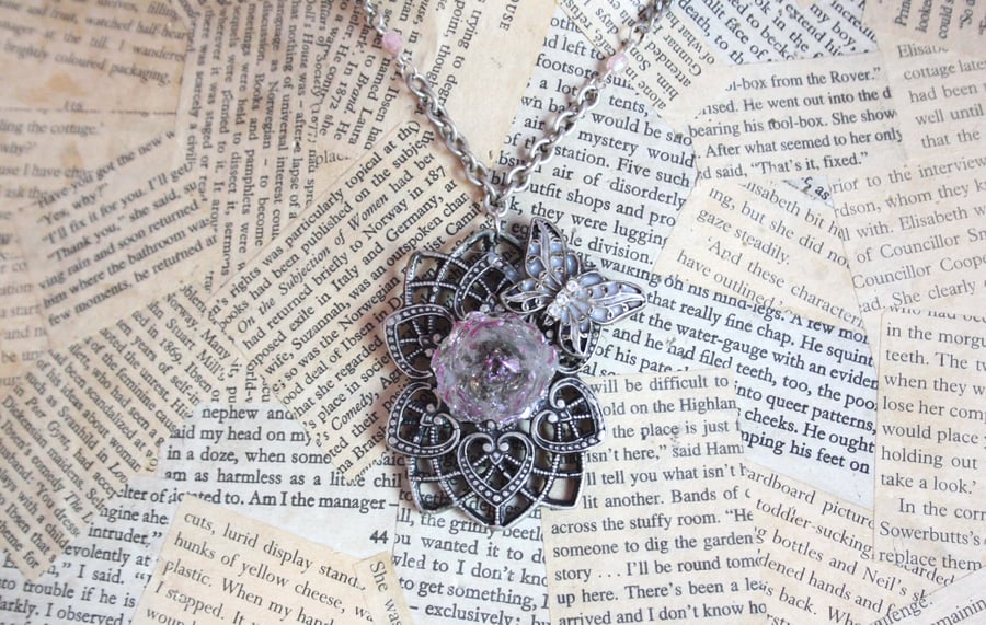 Butterfly Resin Rose Silver Necklace