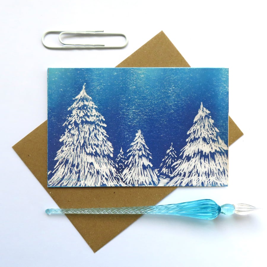 Snow trees blank greeting card notelet landscape plastic free