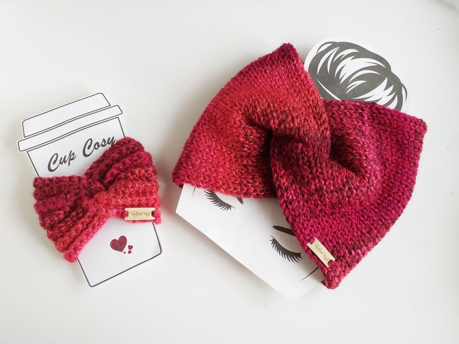 Red Knitted Headband and Matching Cup Cosy, Soft and Warm Chunky Ear Warmers