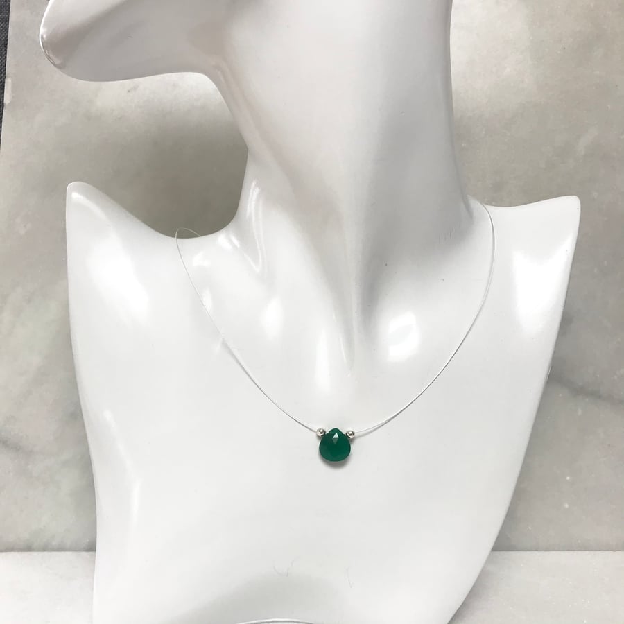 Green onyx briolette gemstone necklace with sterling silver beads, gift for her