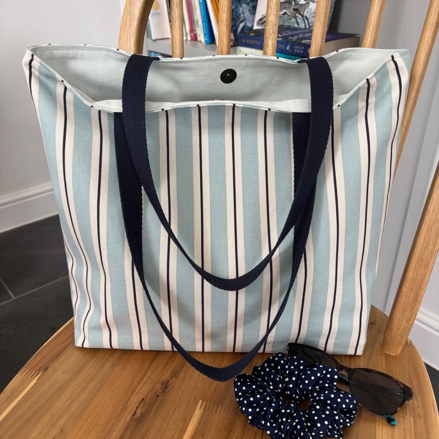 Striped cotton tote bag, shopping bag, duck egg blue, cream and navy stripes