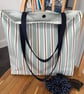 Striped cotton tote bag, shopping bag, duck egg blue, cream and navy stripes