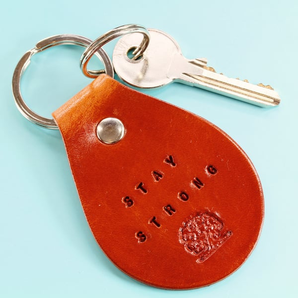 Stay Strong Leather Keyring, Handmade Leather Key Fob, Leather Keychain