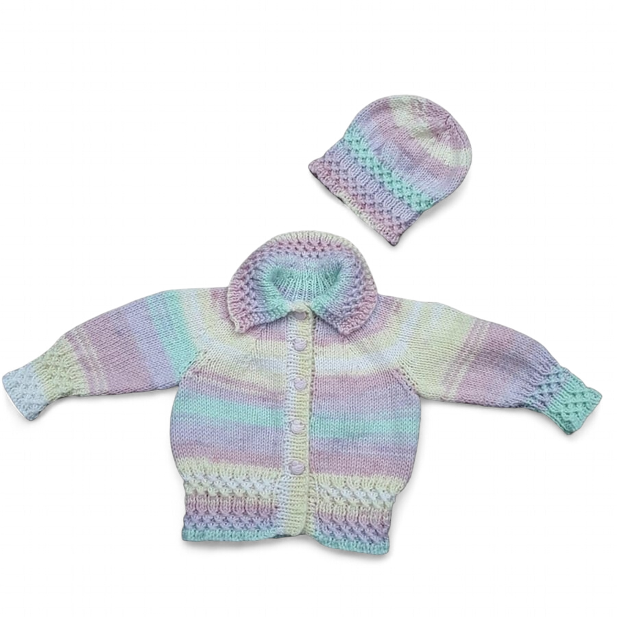 Hand knitted baby cardigan and hat 0 - 6 months 