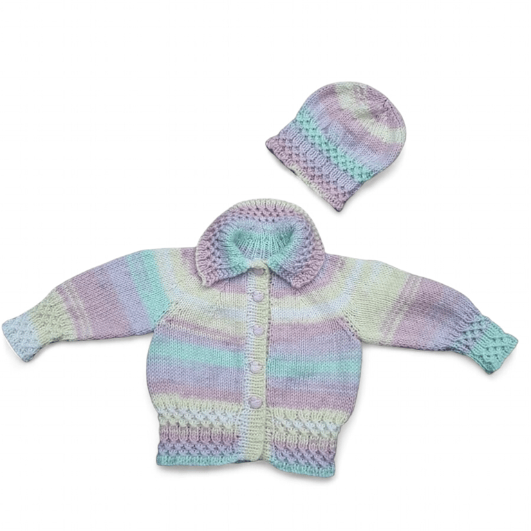 Hand knitted baby cardigan and hat 0 - 6 months 