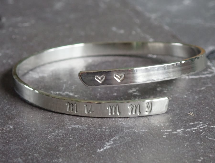 Mummy and Heart Bangle, recycled sterling silver