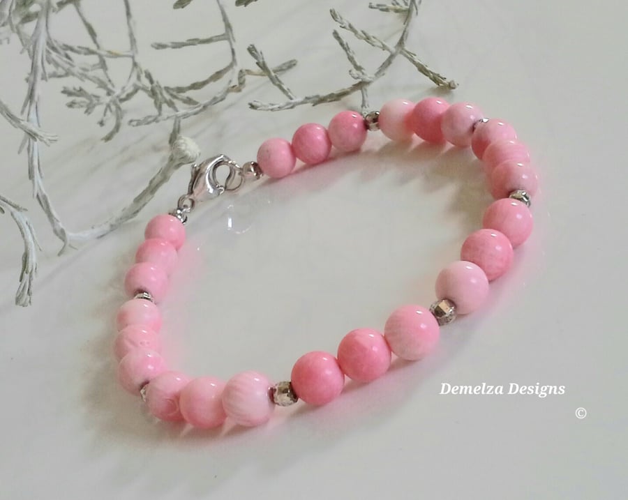 Pretty Eco Reclaimed Pink Coral Sterling Silver Bracelet