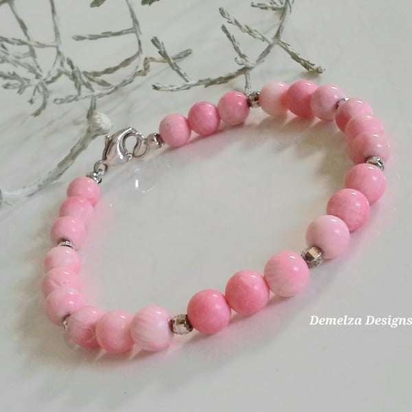 Pretty Eco Reclaimed Pink Coral Sterling Silver Bracelet