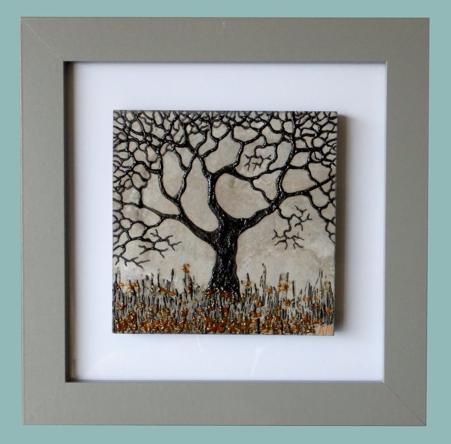 HANDMADE FUSED GLASS ON CERAMIC 'WINTER TREE' PICTURE