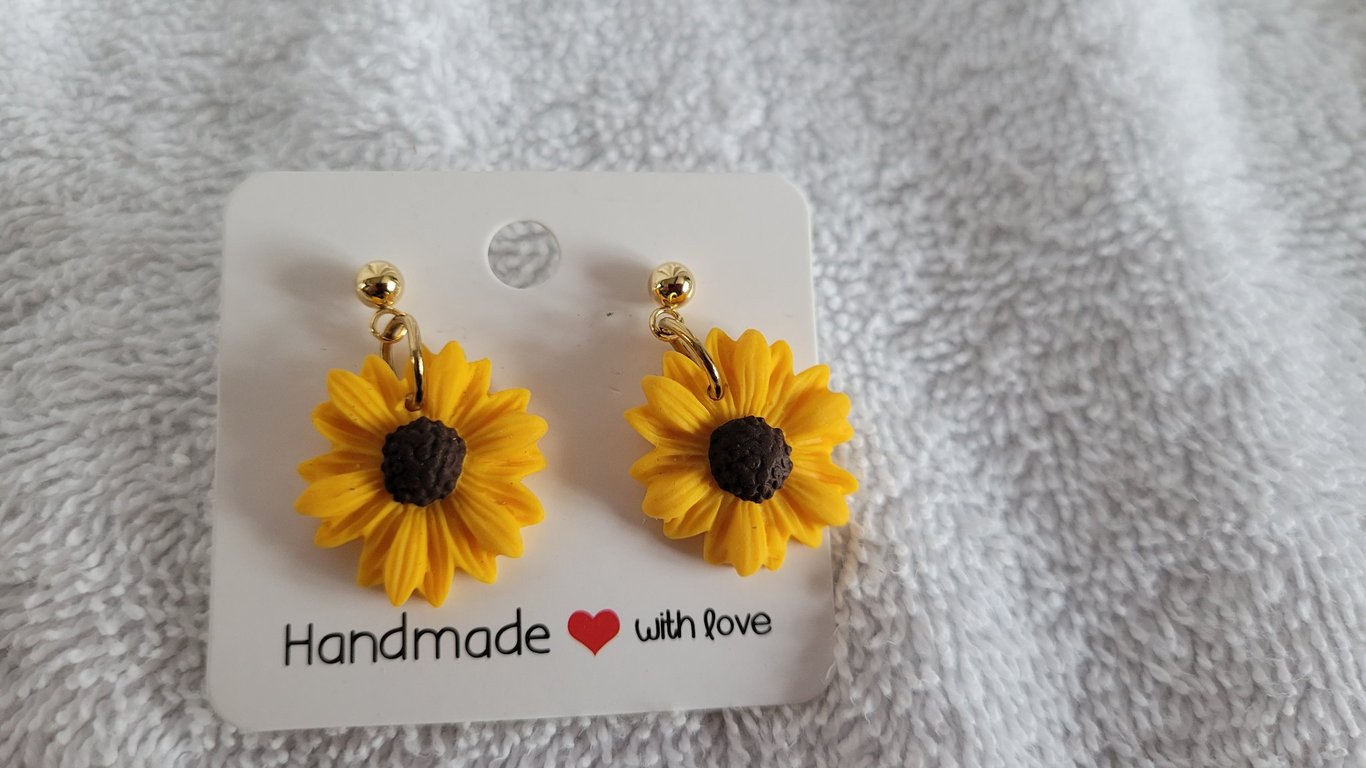 Yellow Sunflower Polymer Clay Handmade Earrings.  316 Surgical Stainless Steel