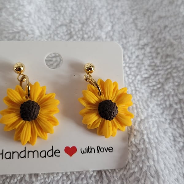 Yellow Sunflower Polymer Clay Handmade Earrings.  316 Surgical Stainless Steel