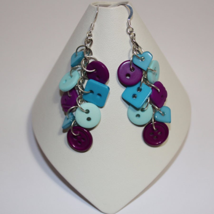 Teal, Aqua and Purple button sterling silver drop earrings