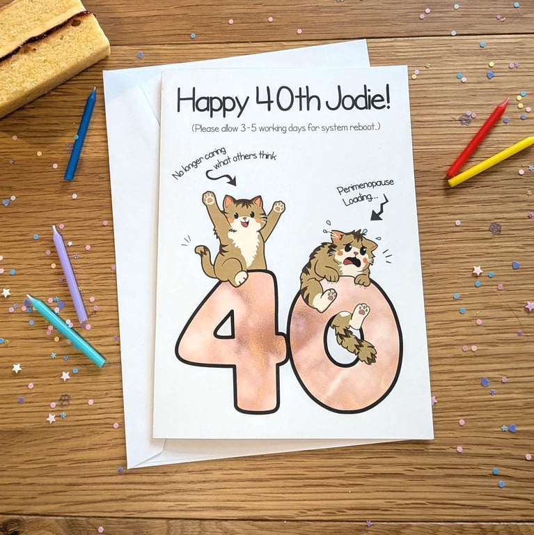 Funny Cat 40th Birthday Card, Sarcastic Feline Milestone, A5 Personalised