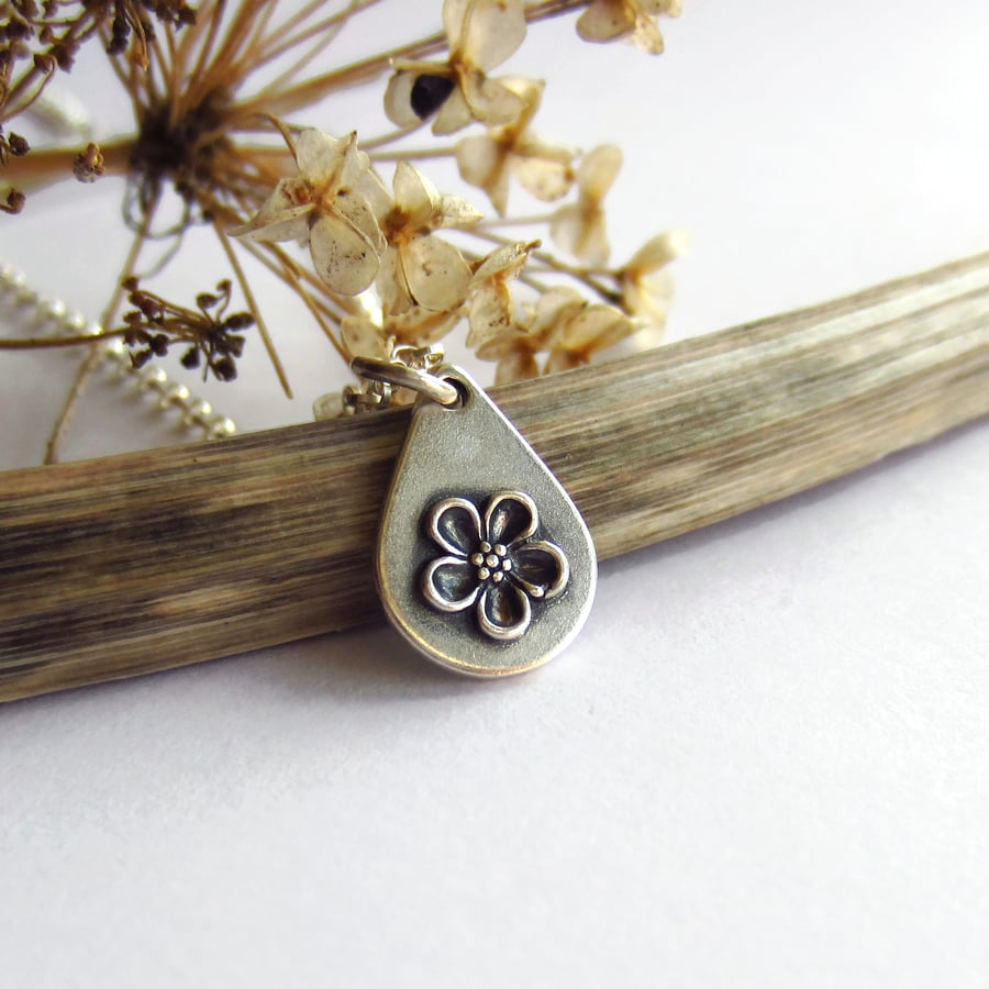 Forget Me Not Flower Necklace - Sterling Silver and Fine Silver