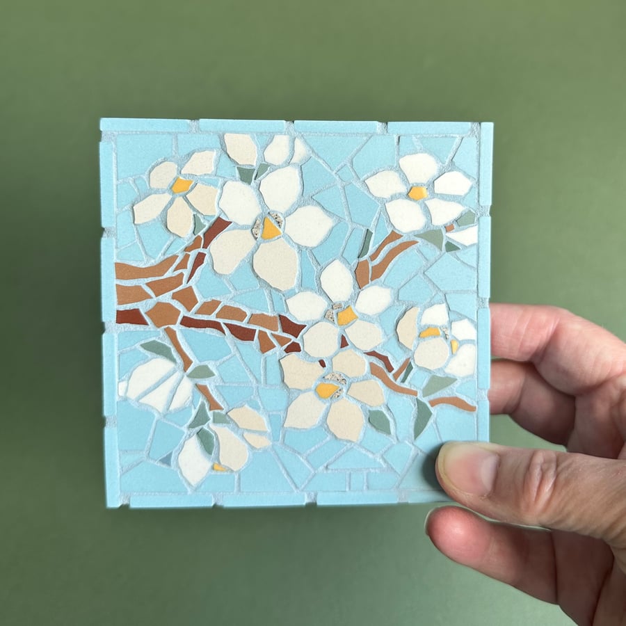 Original Floral Art - Blossom Mosaic Wall Plaque in Turquoise 