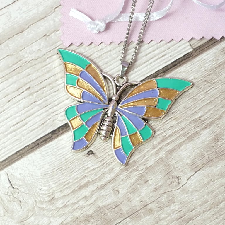 Butterfly necklace in green, gold and lilac, handpainted pendant for women