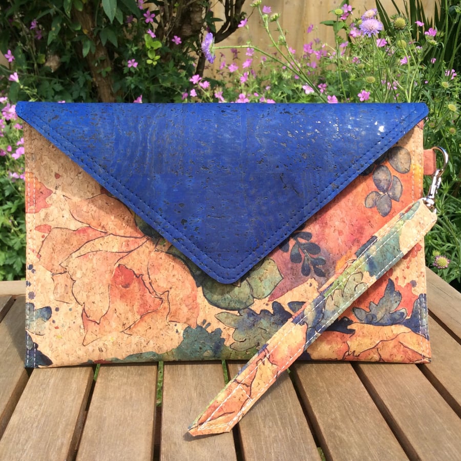 Envelope clutch bag, cork fabric, watercolour flowers and denim blue 