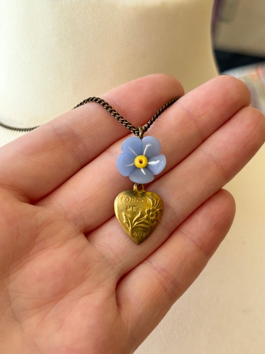 Forget Me Not Vintage Brass Charm Heart Necklace