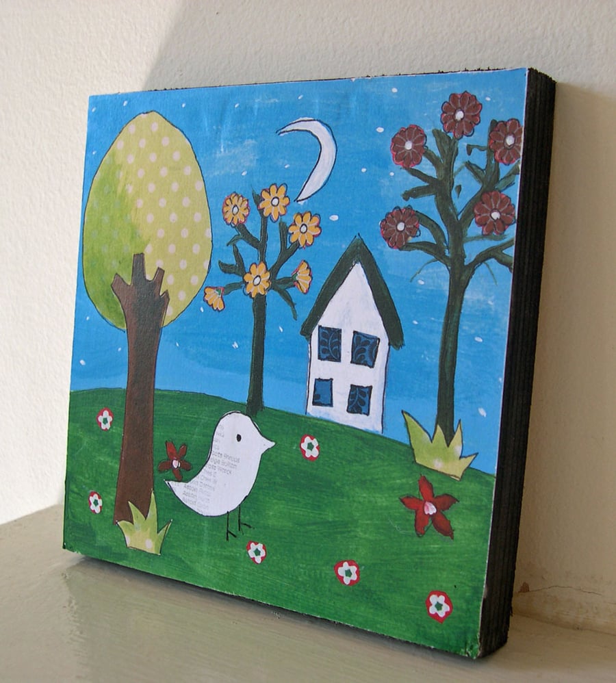 Birdy and House Mounted Print on Wooden Block