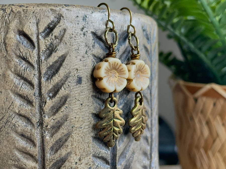 Cream Czech Glass Flower Earrings with Bronze Leaf Charms