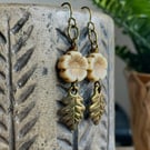 Cream Czech Glass Flower Earrings with Bronze Leaf Charms
